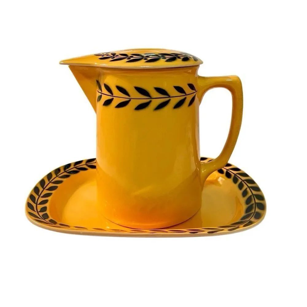 Rare Vintage Bennet Bakeware Jug Teapot W Lid and Matching Tray in Yellow &Black